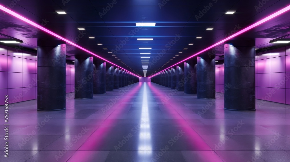 Futuristic Neon-Lit Underground Corridor, A modern underground corridor illuminated by vibrant pink and blue neon lights, creating a futuristic atmosphere. empty scene