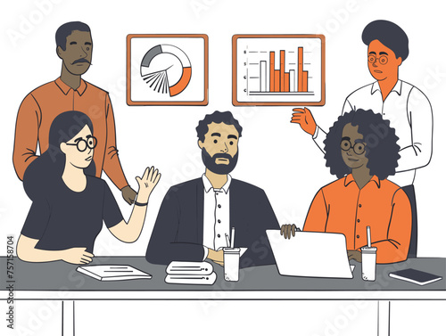  A group of investors analyzes potential startup pitches evaluating their market potential and investment risks. (Investment meeting) 