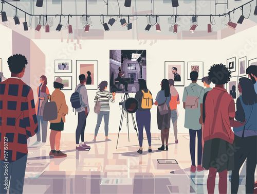 A group of photographers debate the merits of different photographic styles their voices echoing through a bustling photography exhibit. 