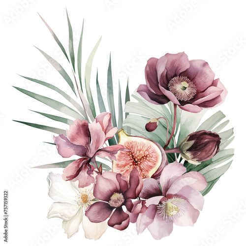 Watercolor floral bouquet with flowers and figs fruits
