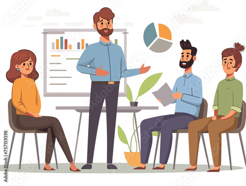  A manager delivers a presentation on a new company policy to a group of employees fielding questions and concerns. (Company meeting) 