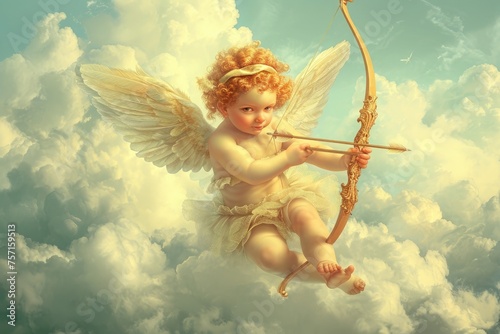 A photo of seven cupid figurines arranged in the shape of a pyramid, capturing the charm and playfulness of love, A cute cupid with his bow and arrow among the clouds, AI Generated
