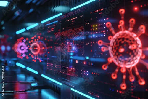 A computer screen showcasing a vibrant display of red and blue lights, A cyber security wall defending against virus attacks, AI Generated