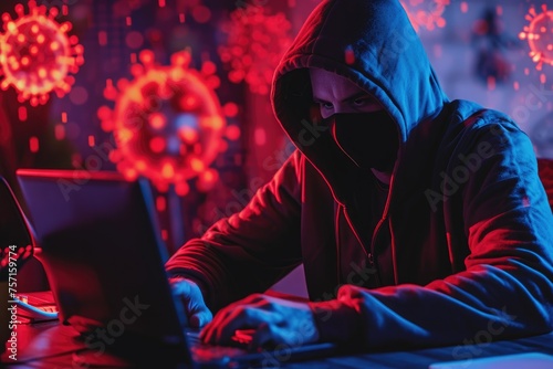 A man wearing a hoodie is focused as he uses a laptop computer to complete work and conduct research, A cybersecurity warrior fighting against malware and viruses, AI Generated