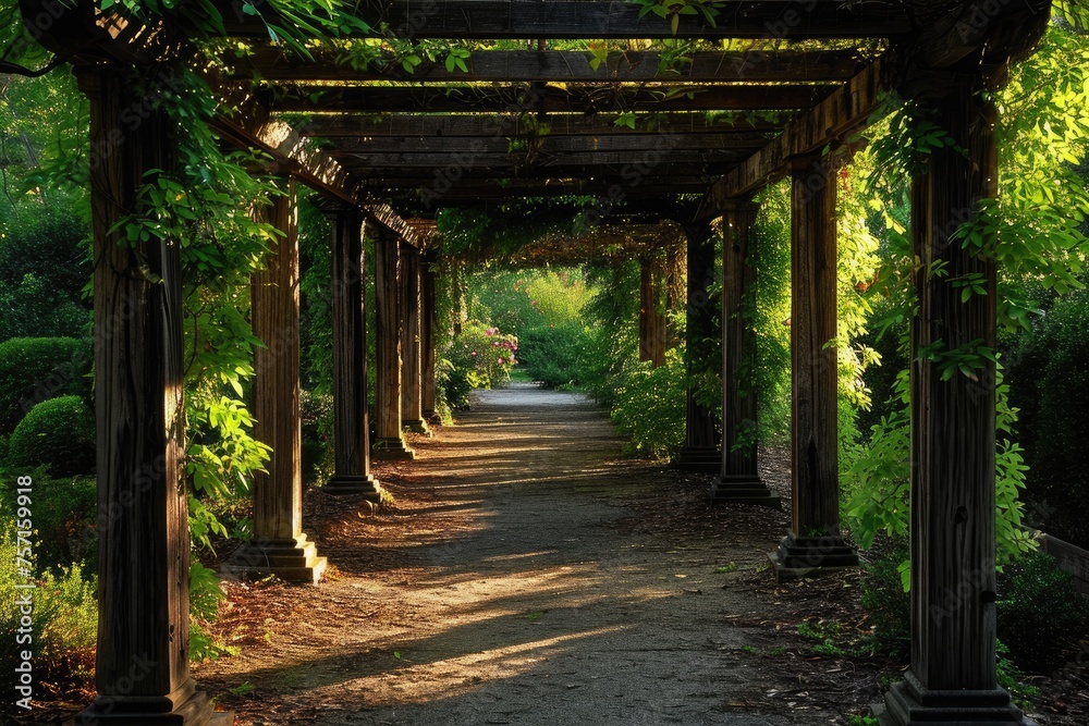 A scenic walkway leading through a lush green forest, surrounded by plentiful trees, A dappled light and shadow path under a pergola of dense trees, AI Generated A scenic walkway leading through a lush green forest, surrounded by plentiful trees, A dappled light and shadow path under a pergola of dense trees, AI Generated