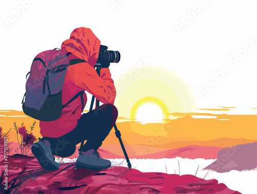  A photographer kneels on the ground framing a captivating landscape with their camera at sunrise. 