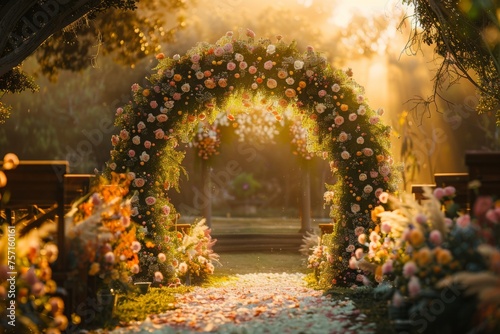 Outdoor location wedding ceremony set amidst blooming flowers and lush greenery.