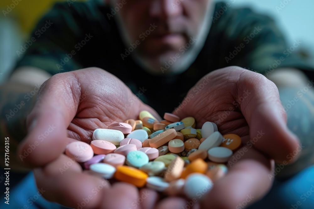 A man holds a handful of pills, representing health, medication, and the importance of proper drug use, A day in the life of a person addicted to prescription opioids, AI Generated - obrazy, fototapety, plakaty 