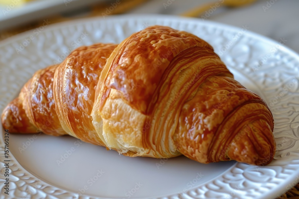 A mouthwatering close up of a croissant on a plate, showcasing its golden flaky layers and enticing aroma, A decadent French croissant made with premium butter, AI Generated