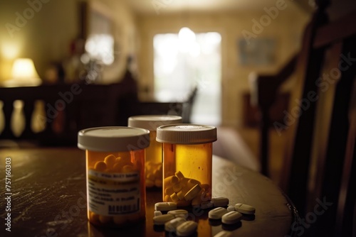 Two Jars of Pills on Table, Medications for Daily Use and Health Maintenance, A day in the life of a person addicted to prescription opioids, AI Generated