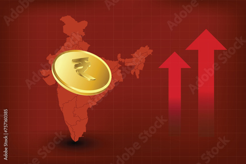 Golden Rupee Currency symbol with India map. golden Indian rupee and 3d india map.