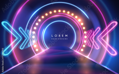 Neon lights tunnel with circle effects and lamps