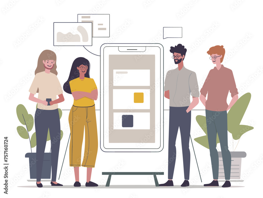 A team conducts user testing on a new website or mobile app gathering feedback to improve user experience. (User experience testing) A team conducts user testing on a new website or mobile app gathering feedback to improve user experience. (User experience testing)