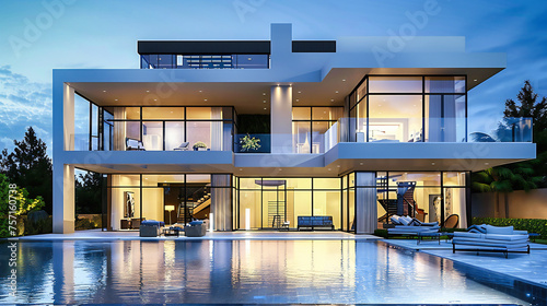 A sophisticated villa showcasing contemporary design, with a pool that offers a tranquil oasis for relaxation © Jahid