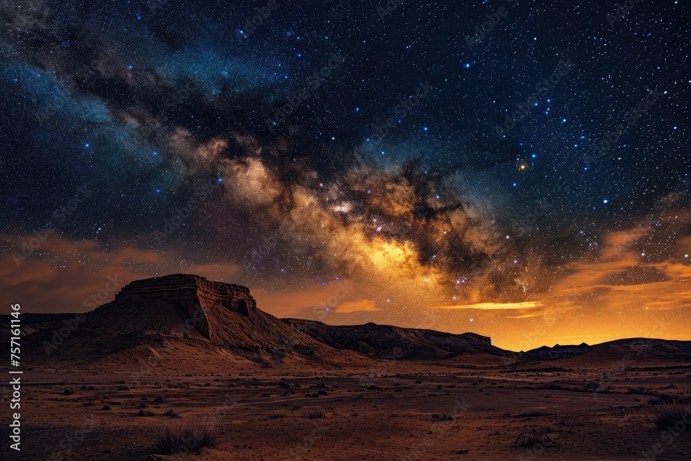 Starry Night Sky Over Desert, Mesmerizing Beauty of a Celestial Spectacle, A desert at night with a vivid Milky Way tableaux spread across the sky, AI Generated