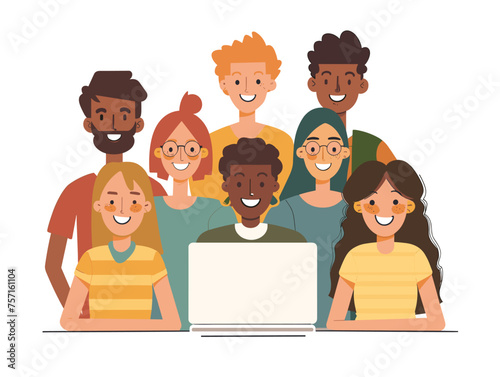  A team huddles around a laptop screen participating in a video conference call with international partners. (Global business meeting) 
