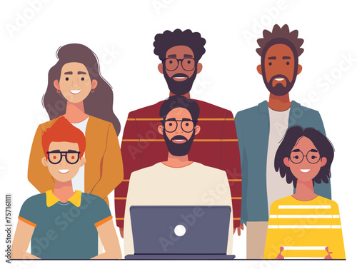  A team huddles around a laptop screen participating in a video conference call with international partners. (Global business meeting) 