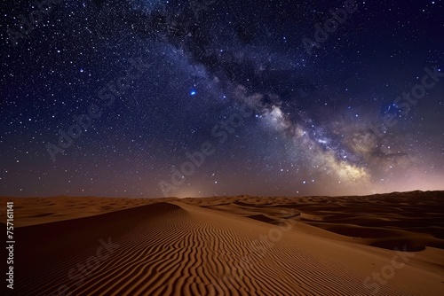 Majestic Night Sky Filled With Stars Above a Vast Desert Landscape, A desert at night with a vivid Milky Way tableaux spread across the sky, AI Generated