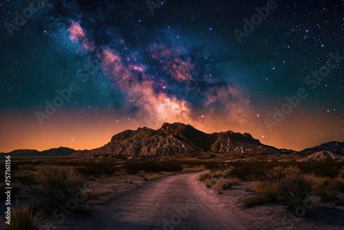 A serene dirt road cutting through the vast desert landscape under a clear blue sky, A desert at night with a vivid Milky Way tableaux spread across the sky, AI Generated