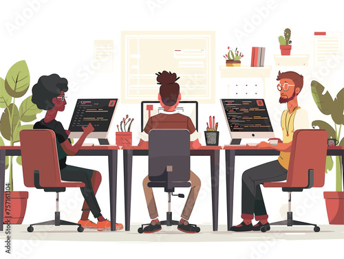  A team of developers works collaboratively in a modern office space tapping away at keyboards and discussing code solutions. (Software development) 