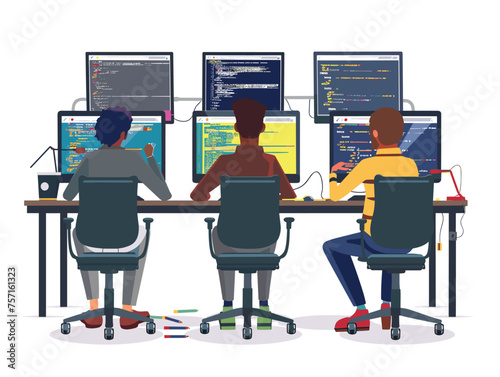  A team of developers works collaboratively in a modern office space tapping away at keyboards and discussing code solutions. (Software development) 