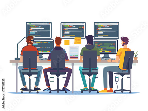  A team of developers works collaboratively in a modern office space tapping away at keyboards and discussing code solutions. (Software development) 