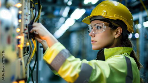 A woman in safety gear is inspecting or fixing a sophisticated electrical panel with focus and expertise