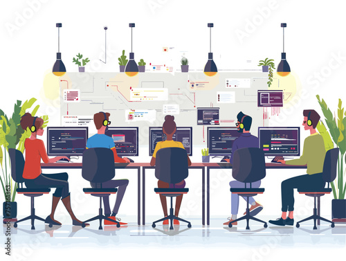  A team of developers works collaboratively in a modern office space tapping away at keyboards and discussing code solutions. (Software development) 