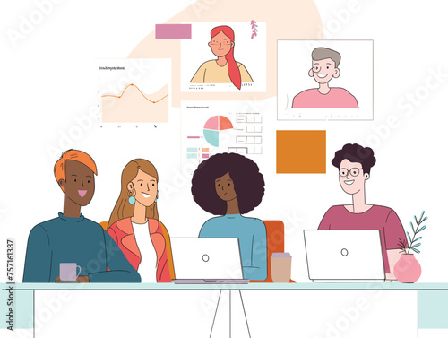  A team works remotely from different locations collaborating on a project through online communication tools. (Virtual teamwork) 