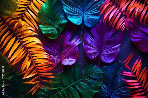Vibrant Multicolored Tropical Leaves on Dark Background