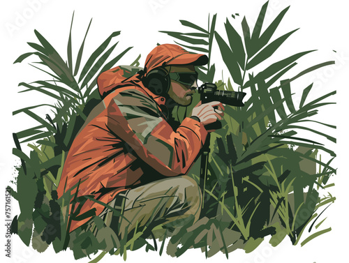  A wildlife photographer hides in a camouflaged blind patiently waiting for the perfect shot of a rare animal. 