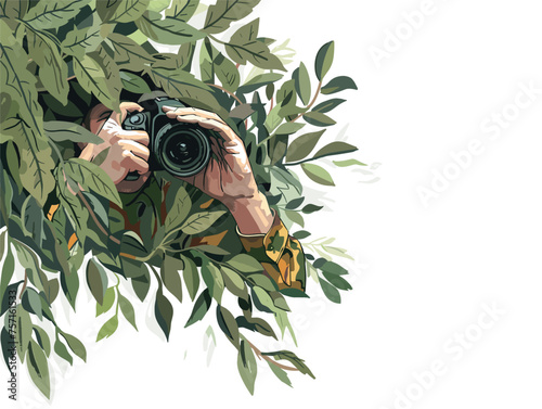  A wildlife photographer hides in a camouflaged blind patiently waiting for the perfect shot of a rare animal. 