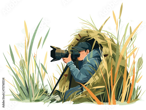  A wildlife photographer hides in a camouflaged blind patiently waiting for the perfect shot of a rare animal. 