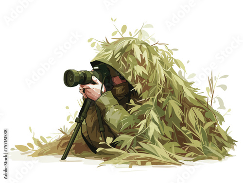  A wildlife photographer hides in a camouflaged blind patiently waiting for the perfect shot of a rare animal. 