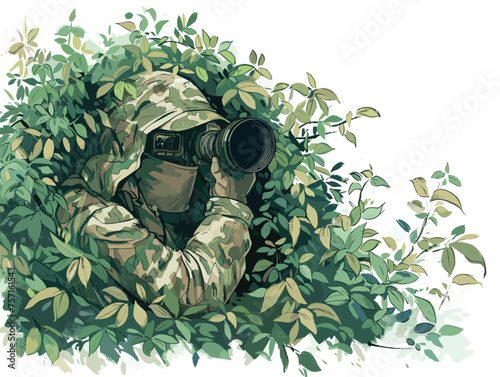  A wildlife photographer hides in a camouflaged blind patiently waiting for the perfect shot of a rare animal. 