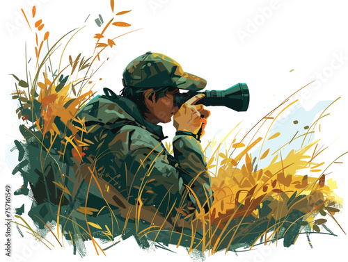 A wildlife photographer hides in a camouflaged blind patiently waiting for the perfect shot of a rare animal. 