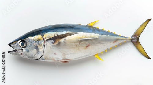 Whole Yellowfin Tuna Isolated on White Background, A fresh whole Yellowfin tuna with distinctive yellow fins and silver body, isolated on white, symbolizing high-quality seafood.