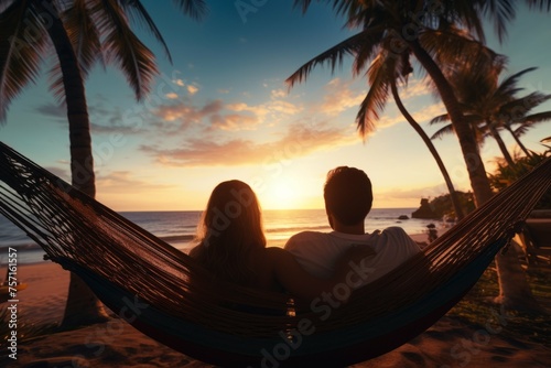 Couple watching the sunset from a hammock on the beach. photo