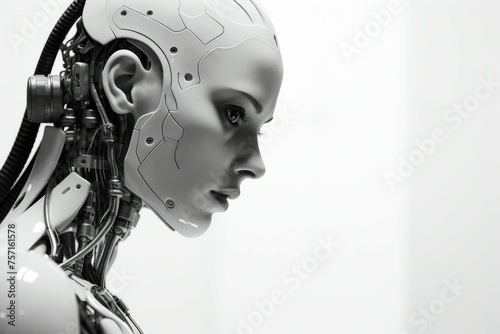 the robot head of a female robot is shown from the side