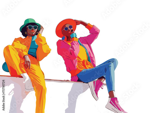  Two models clad in vibrant clothing pose playfully for a fashion photographer on a rooftop. 