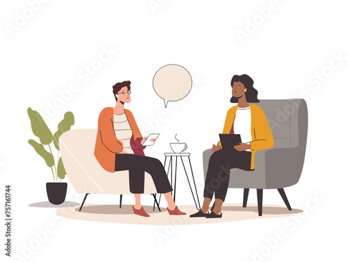  Two colleagues one senior and one junior sit down for coffee the senior offering advice and mentorship while the other listens attentively. (Mentorship meeting) 