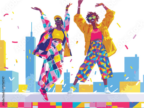  Two models clad in vibrant clothing pose playfully for a fashion photographer on a rooftop. 