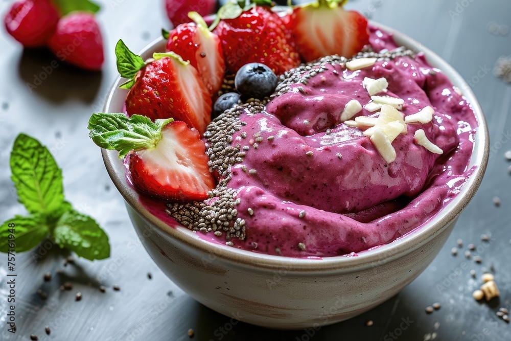 Enjoy a nutritious and delicious treat with this bowl of fresh fruit, chia seeds, and juicy strawberries, A detailed view of an acai smoothie bowl packed in a portable container, AI Generated Enjoy a nutritious and delicious treat with this bowl of fresh fruit, chia seeds, and juicy strawberries, A detailed view of an acai smoothie bowl packed in a portable container, AI Generated