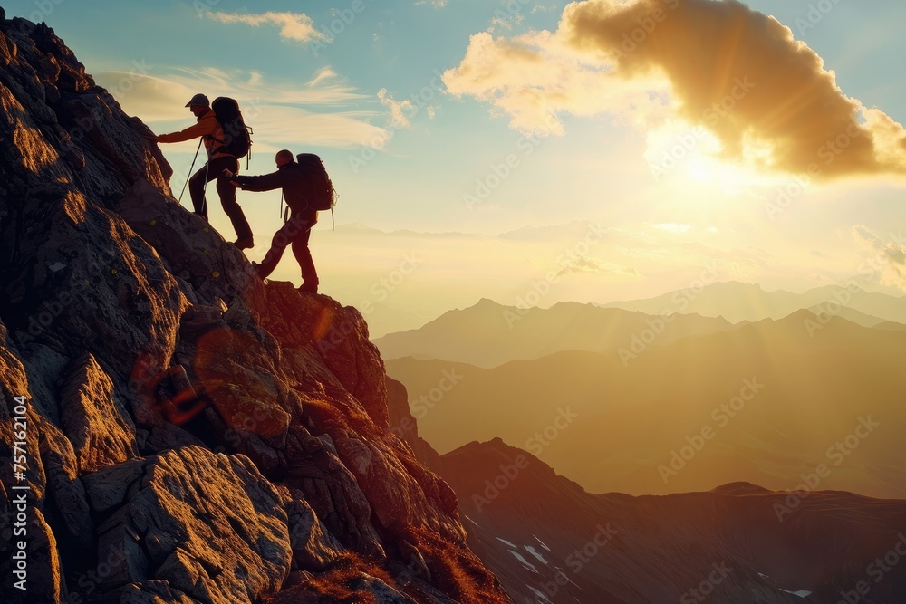 Fototapeta premium A united group of adventure seekers scales the side of a mountain, conquering challenges together, A devoted hiker assisting his friend to reach the mountain peak, AI Generated