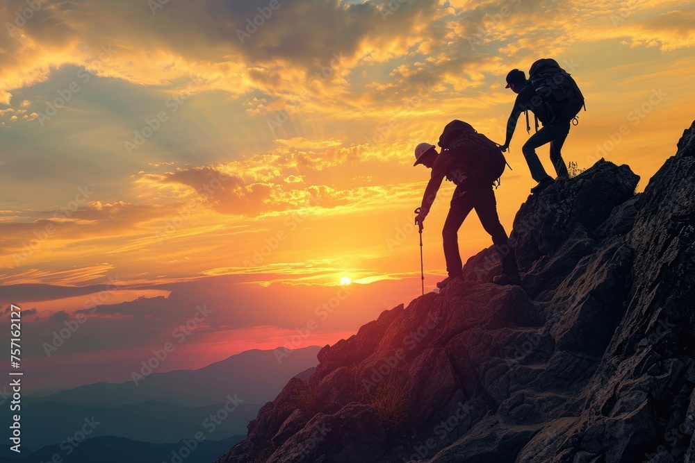 Fototapeta premium Two individuals ascending the side of a mountain as the sun sets, A devoted hiker assisting his friend to reach the mountain peak, AI Generated