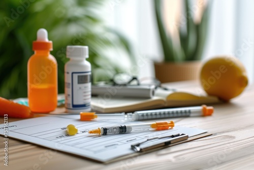 A picturesque wooden table showcasing vibrant oranges and elegant glass bottles, creating a delightful arrangement, A diabetes testing kit on a kitchen table, AI Generated