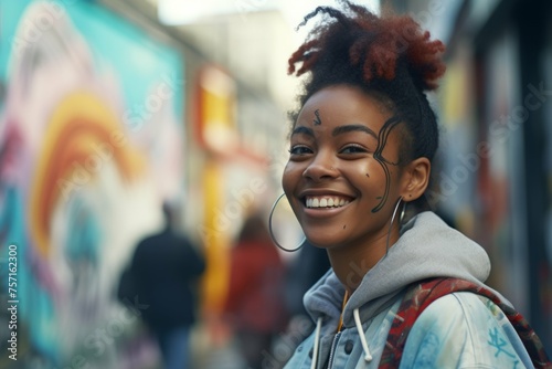 smiling woman in a street with graffiti