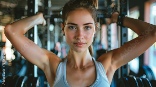 A confident young woman displaying her toned arms while using strength training equipment at the gym
