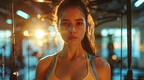 Reflective young woman with focused gaze, standing among gym straps in ambient lighting © Daniel