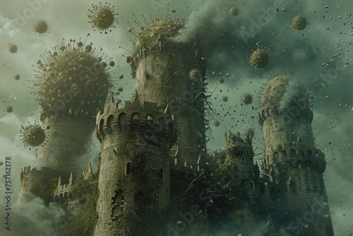 A captivating photo featuring Castle Rising, a medieval fortress surrounded by clouds, A digital castle being besieged by viruses, AI Generated